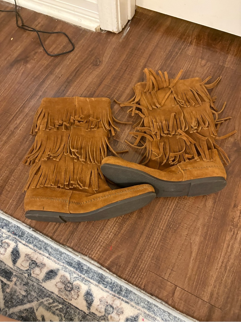 Minnetonka Suede Fringe Moccasin Boots - Tan